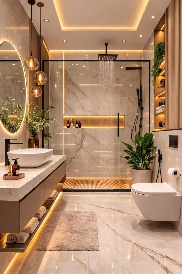 Marble bathroom with a walk-in rain shower, floating vanity and backlit niches