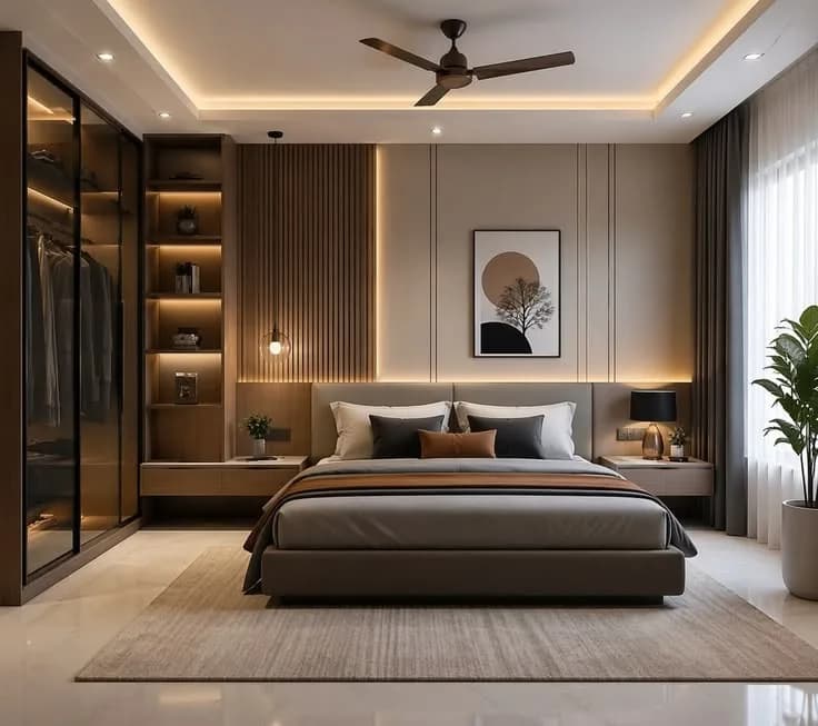Master bedroom with a slatted headboard wall, fitted wardrobes and warm cove light