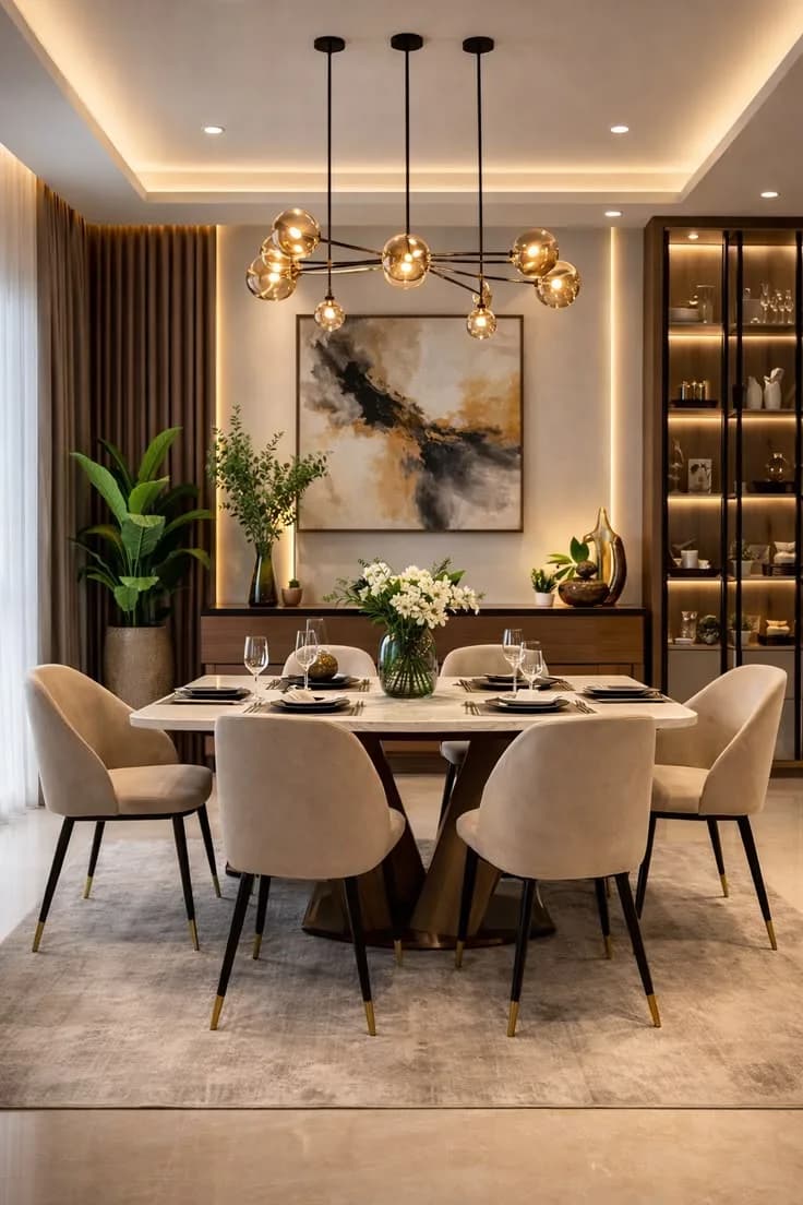 Dining room with a marble table, velvet chairs and a sculptural pendant cluster