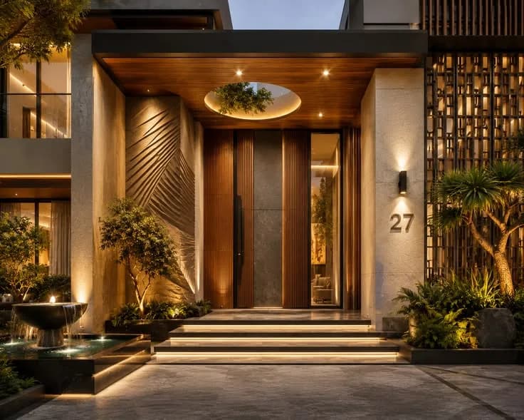 Lit entrance foyer with fluted timber doors, stone cladding and a water feature