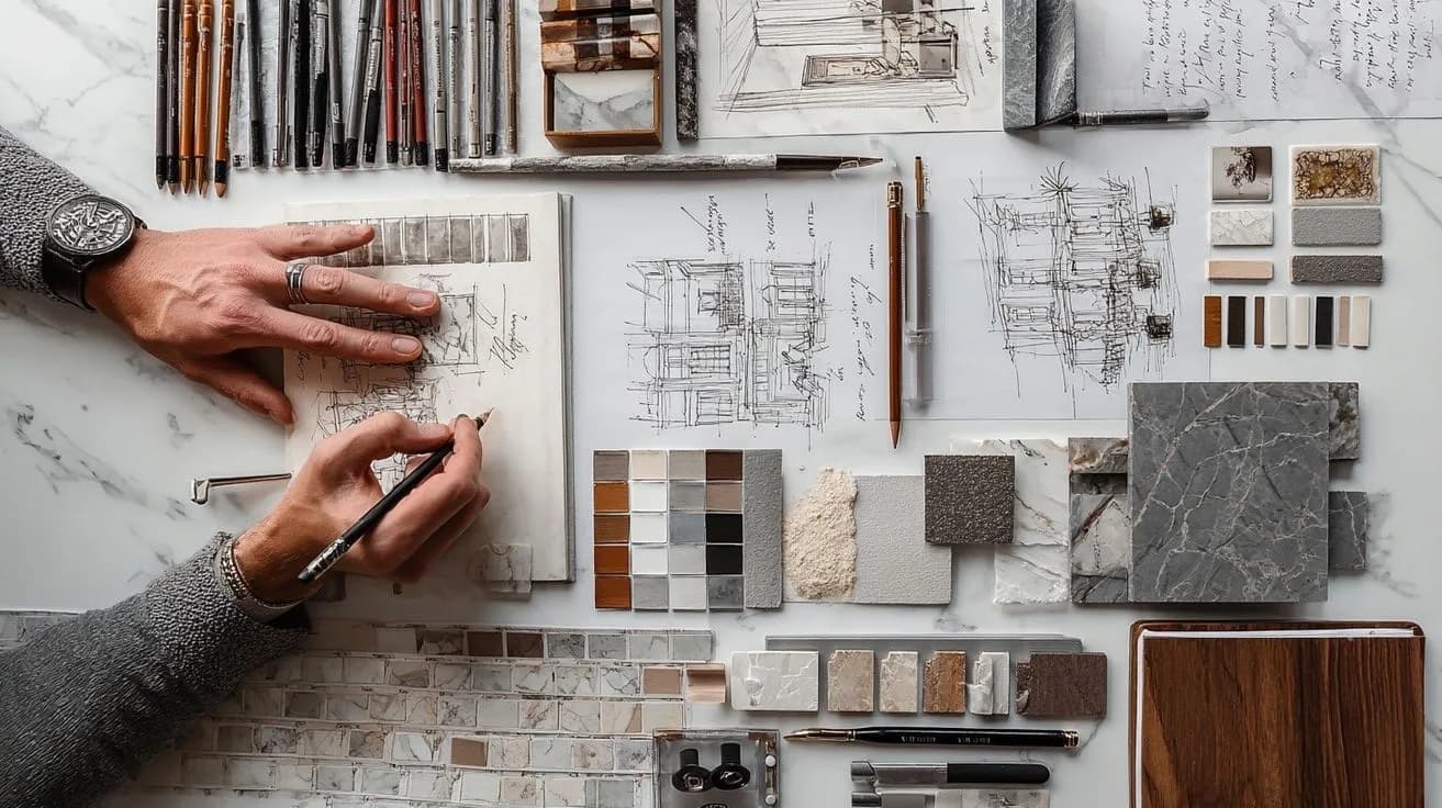 A designer's bench of sketches, stone, timber and tile samples
