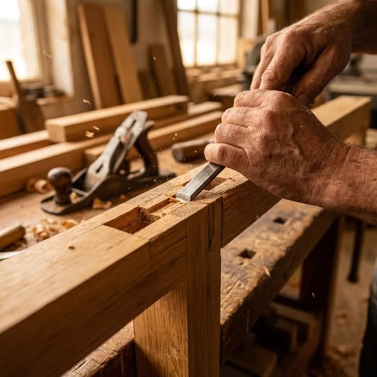 A joiner cutting a mortise by hand in a timber frame