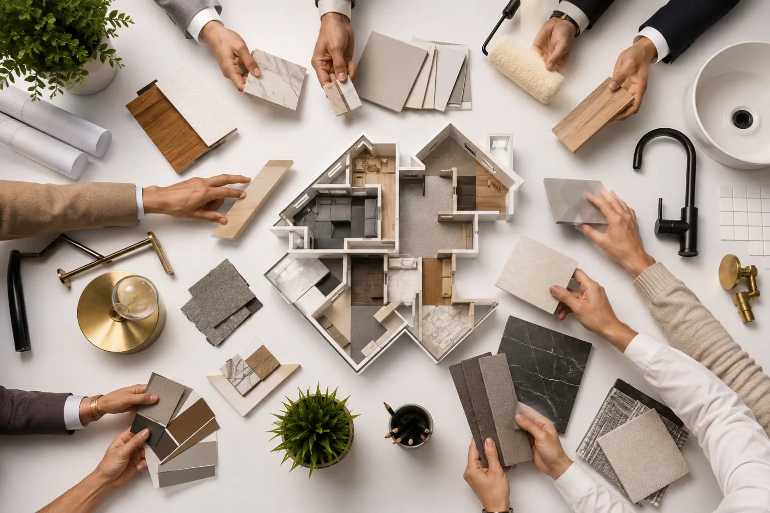 Designers comparing marble, timber and stone samples around a scale model of a home