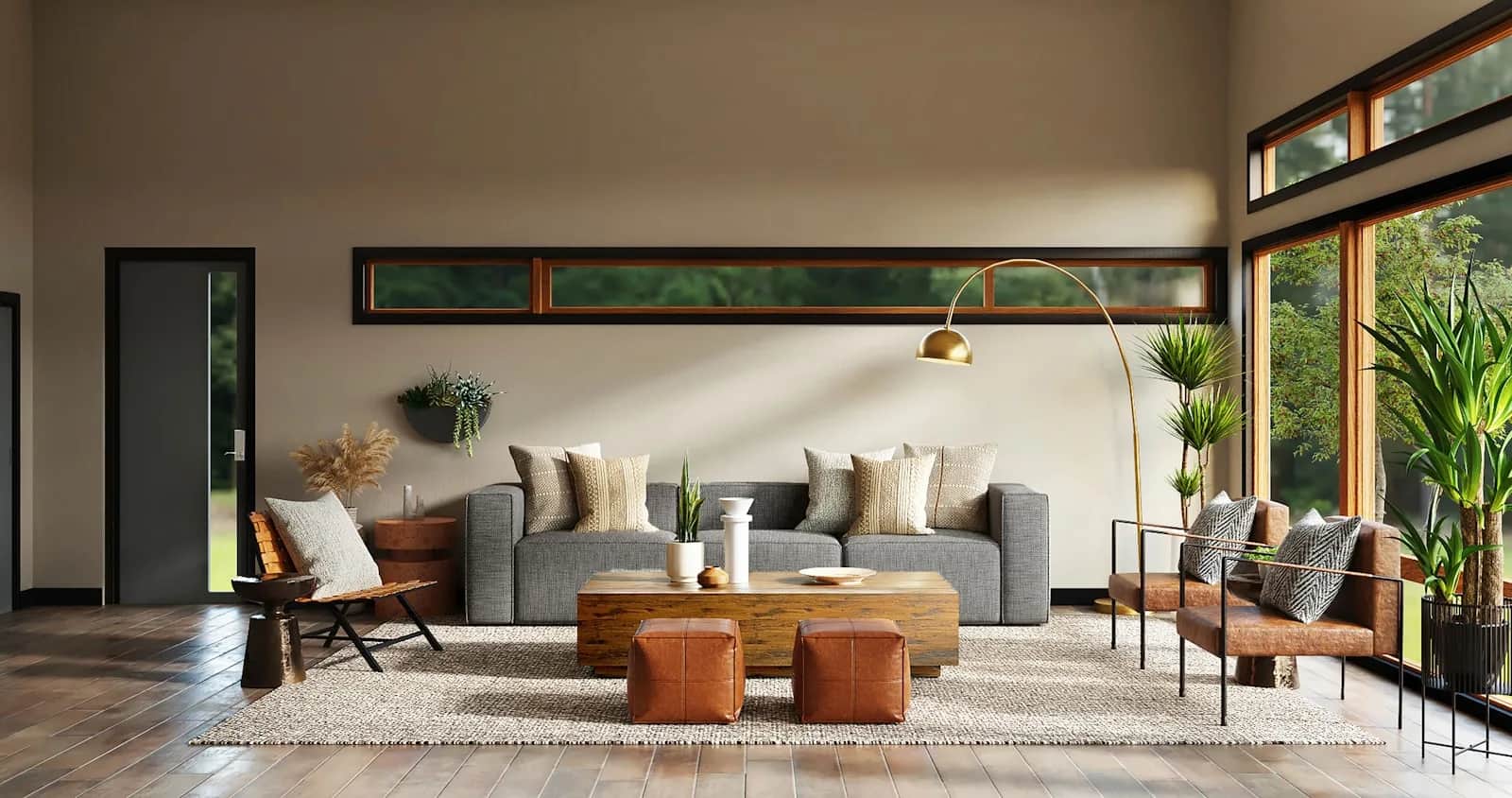 Living room with linen seating, a timber table and soft daylight