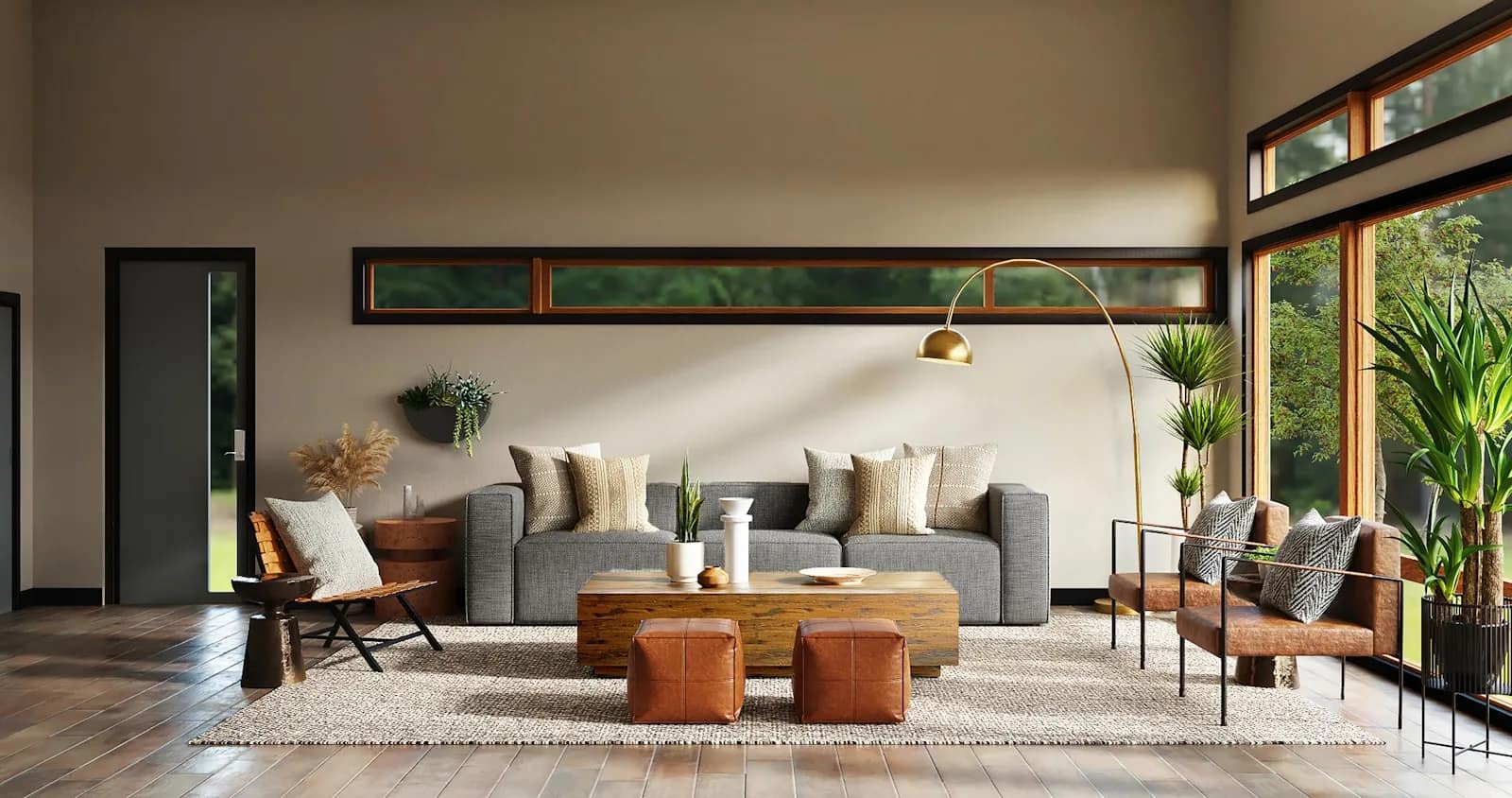 Living room with linen seating, a timber table and soft daylight