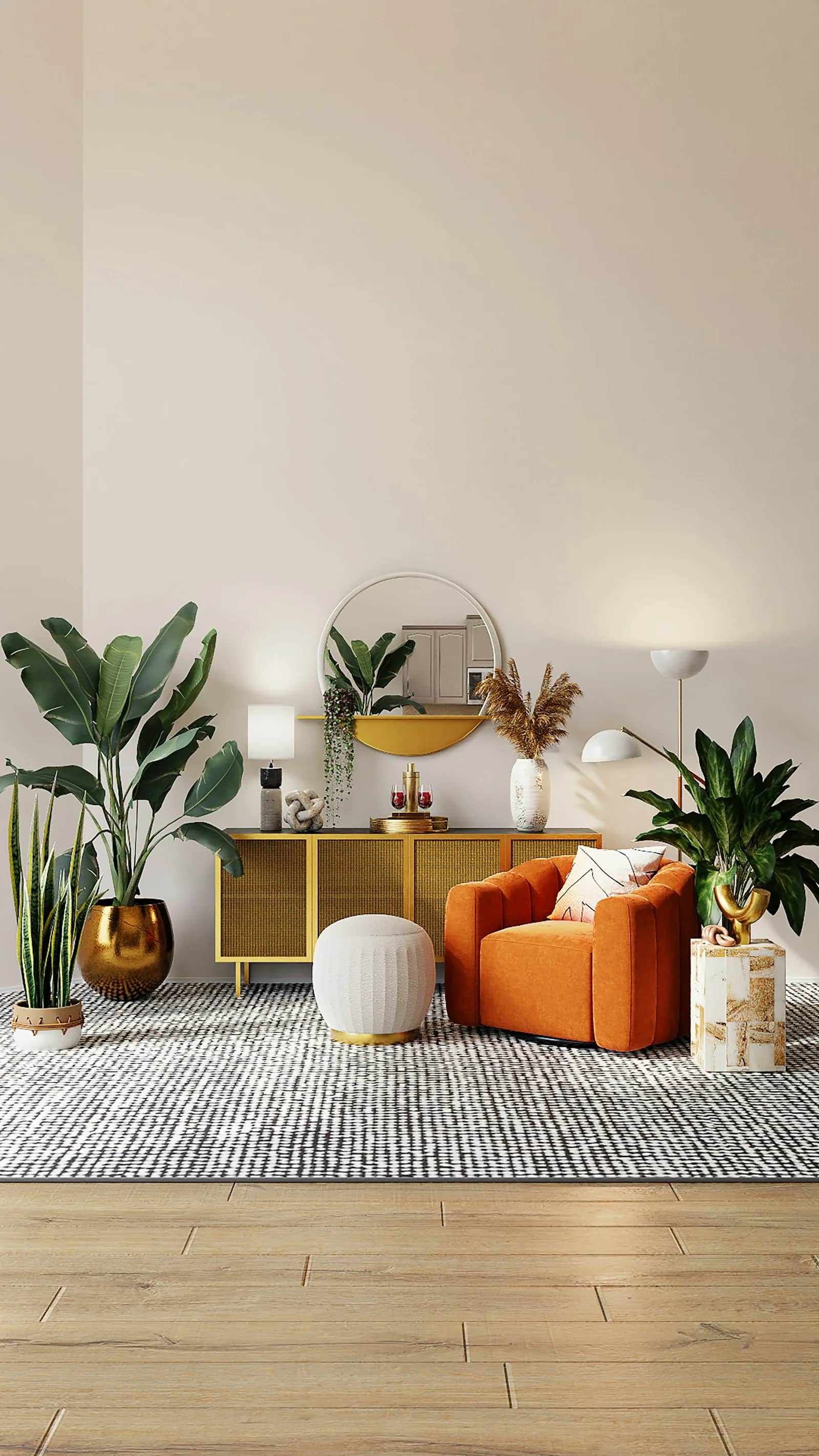 Modern living room with concealed lighting and clean wall surfaces