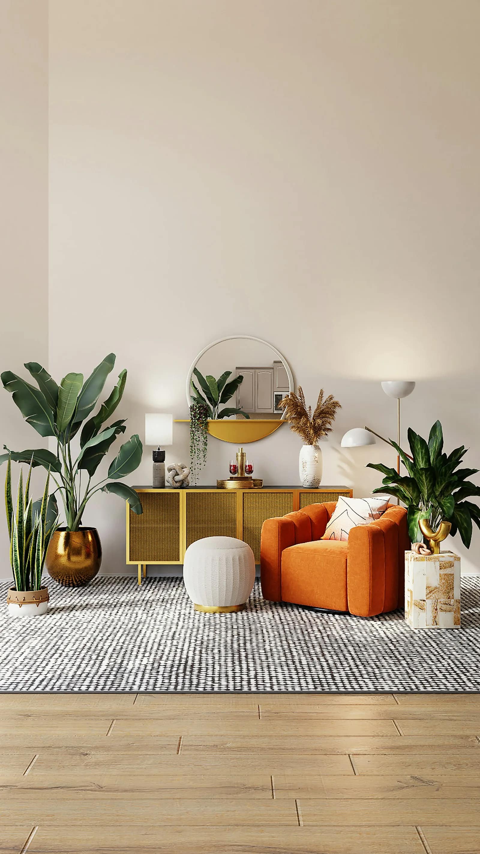Modern living room with concealed lighting and clean wall surfaces