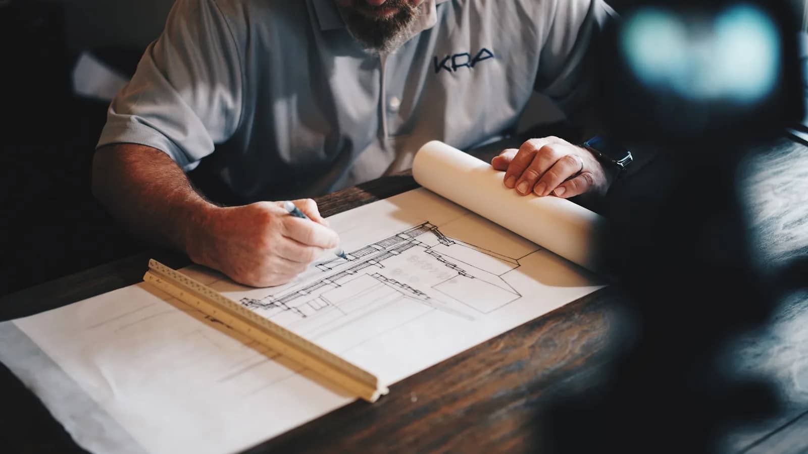Interior drawings, material samples and a tape measure laid out on a table