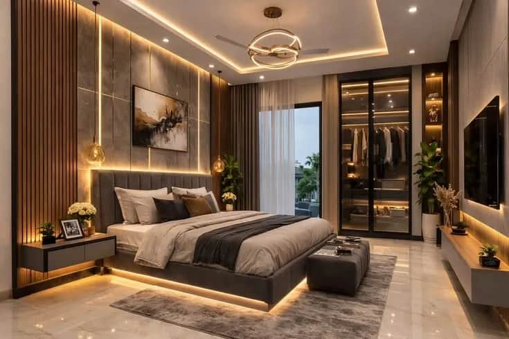 Full-height fitted wardrobes in a bedroom by RGL Decors, with integrated lighting
