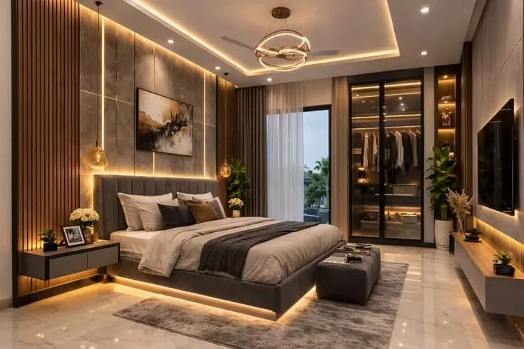 Full-height fitted wardrobes in a bedroom by RGL Decors, with integrated lighting