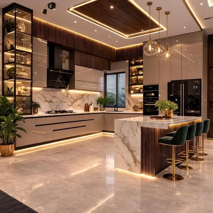 A modular kitchen by RGL Decors with a marble island, tall units and fluted timber