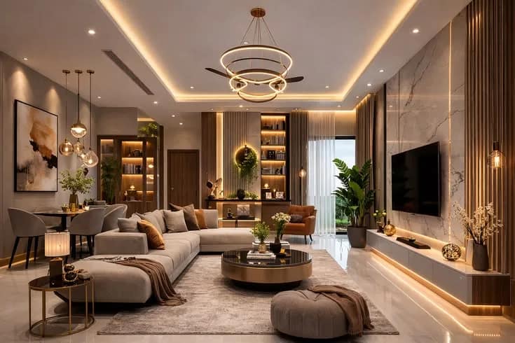 A media wall by RGL Decors — marble back panel, slim console and concealed lighting